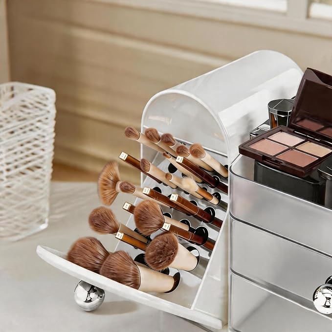Makeup Organizer with Makeup Brush Holder, 2 Drawer, White | Vanity Desk Organizer with Brush Holder, Compact Countertop, Cosmetic Storage for Lipsticks, Perfumes, Eyeshadow Palettes