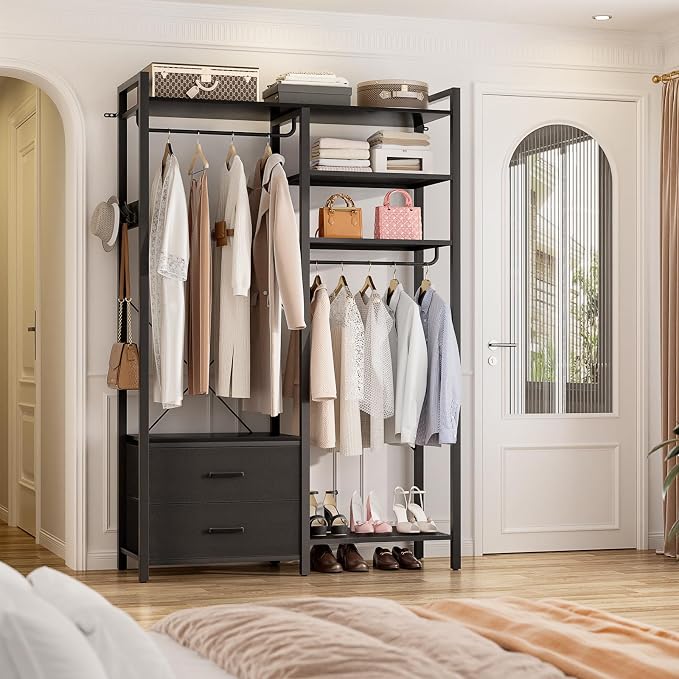 Besiost 78.7'' Clothes Rack for Hanging Clothes - Reversible Clothing Rack with 4 Drawers, Heavy Duty Garment Racks with Shelves, 6 Tiers Freestanding Portable Closet Wardrobe System, Set of 2 Black