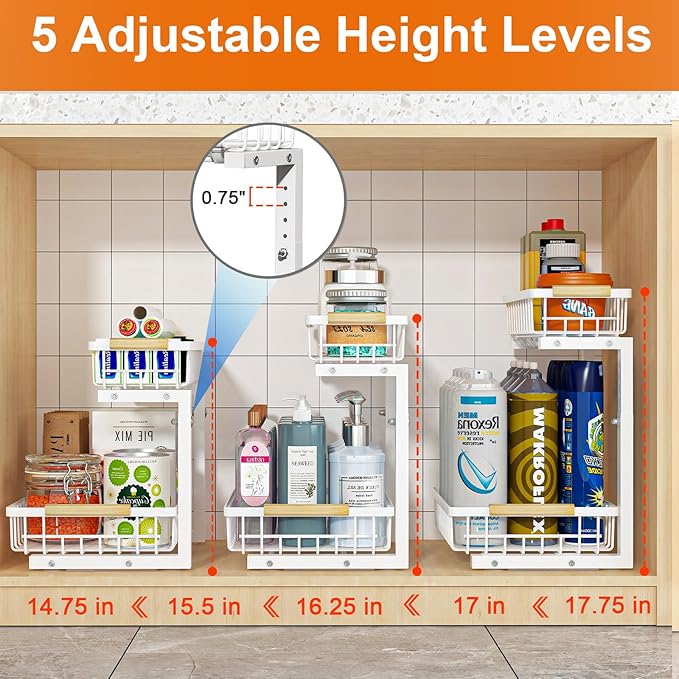 Under Sink Organizer, Height Adjustable Under Sink Organizers and Storage, 2 Tier Pull Out Drawer Cabinet Storage for Kitchen Bathroom, 1 Pack, White | cabinet organizer, 5 level adjustable, quiet sliding rails, dual suction and nano tape, no drill, ru...