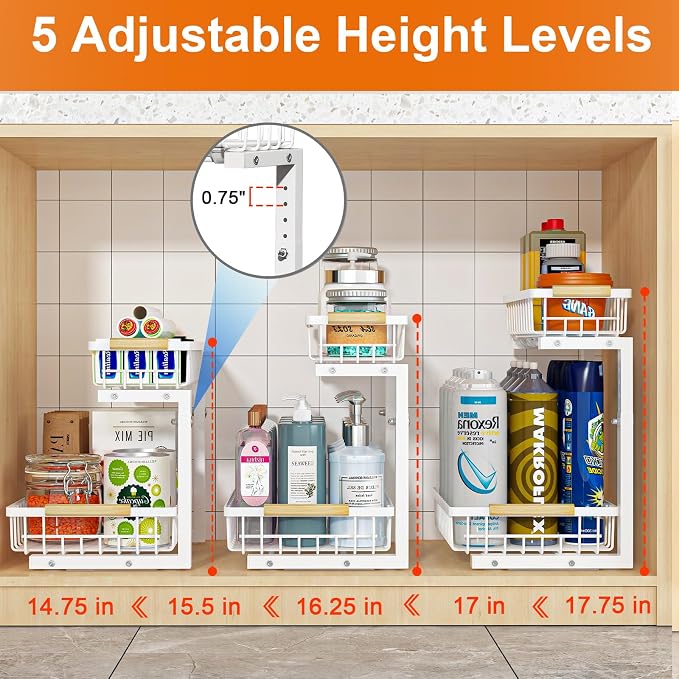 Under Sink Organizer, White 2 Pack Height Adjustable | 2 Tier Pull Out Drawer, Under Sink Organizers and Storage, Cabinet Storage for Kitchen Bathroom