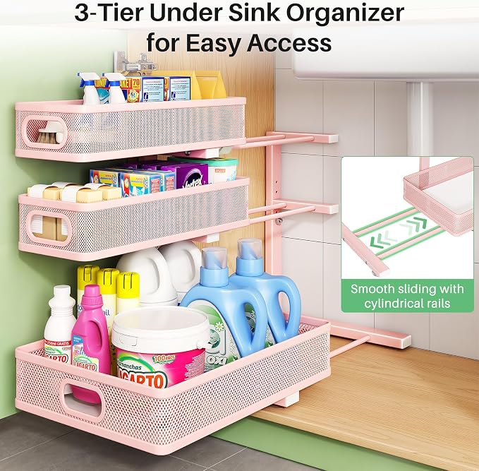 Kitstorack Under Sink Organizer, 2-Pack 3-Tier Height Adjustable Thickened Metal Pull out Cabinet Organizer Shelf, Slide out Storage Drawer Rack for Bathroom Kitchen Pantry Home Organization, Pink