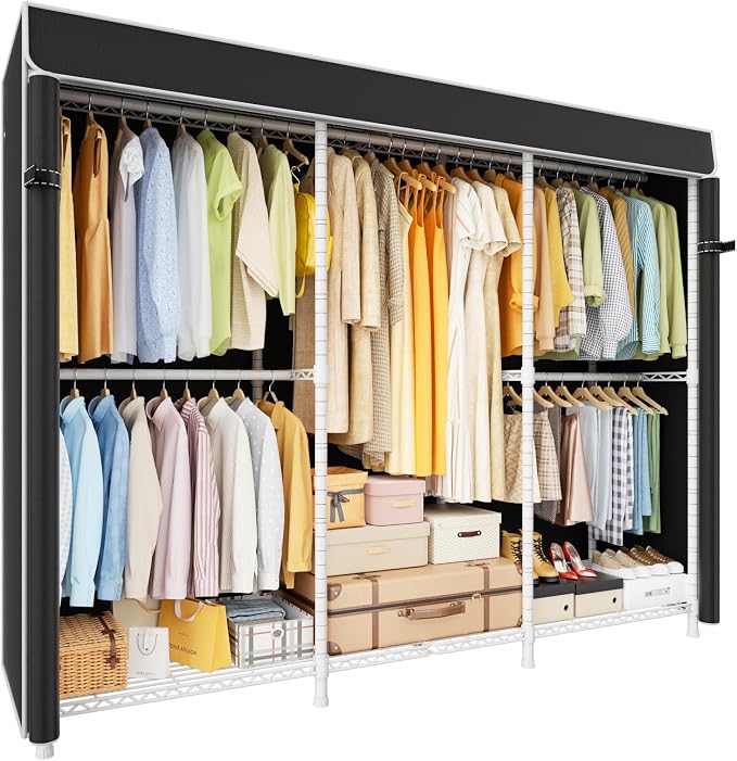 E14C Pro Heavy Duty Closet Organizer System，Freestanding Clothing Racks for Hanging Clothes，Adjustable Garment Rack 69" W × 16" D × 77" H Hold 960 lbs，White Rack with Black Dustproof Cover