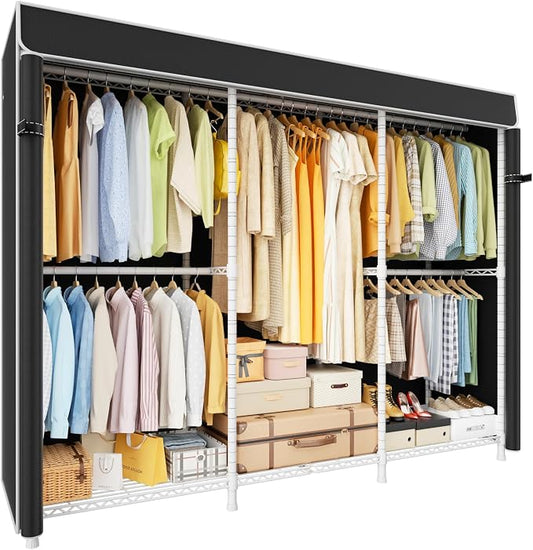 E14C Pro Heavy Duty Closet Organizer System，Freestanding Clothing Racks for Hanging Clothes，Adjustable Garment Rack 69" W × 16" D × 77" H Hold 960 lbs，White Rack with Black Dustproof Cover