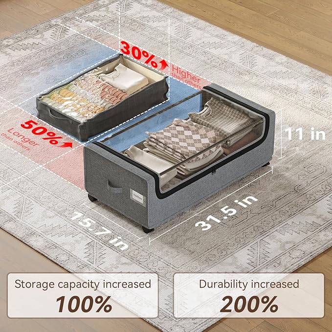 Under Bed Storage, 4-Packs Under Bed Storage With Wheels, Under bed Shoe Storage, Metal Frame, 90L Capacity, Storage Drawers for Bedroom