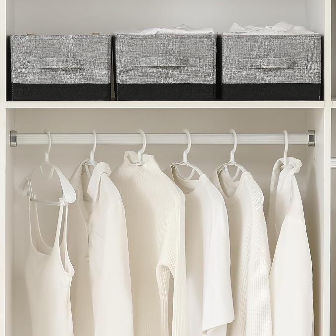 linen closet organizers and storage, 3 Pack Large Storage Baskets, Washable, Clothing Storage Bins with Handle, Closet Organizer for Storage Sweater,Sheets (gray black, 16" x9½x6¾)