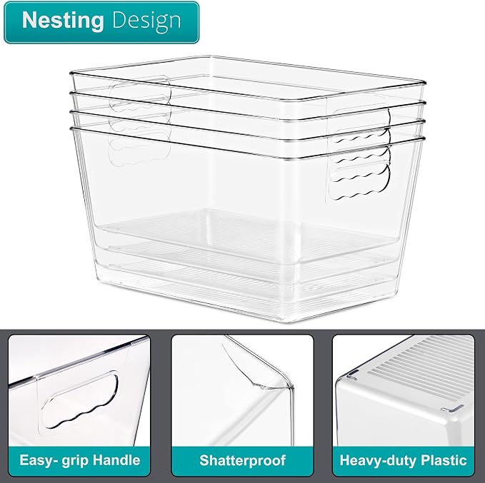 Clear Storage Bins with Lids, 10 Pack Large Stackable Clear Bins, Clear Storage Containers with Lids, Plastic Organizer Boxes for Pantry Storage, Kitchen Cabinets, Closet Organization, Bathroom