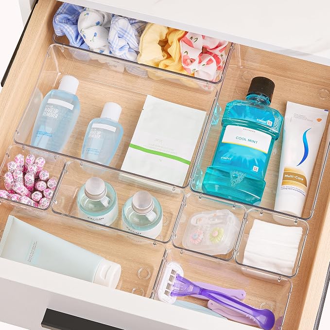 Vtopmart 15 PCS Clear Plastic Drawer Organizers Set, Vanity Organizer Trays | 4-Size Versatile Makeup Organizer, Non-Slip Storage Containers for Makeup, Jewelries, Bedroom，Kitchen Utensils and Office
