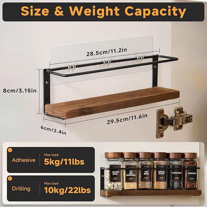 2-Tier Wall Mount Spice Rack Organizer - Screw/Adhesive Mount, Black Metal & Wood Spice Storage for Kitchen Pantry Cabinet, 11.6”L x 2.4”W x 3.2”H,Spice Jars Not Included