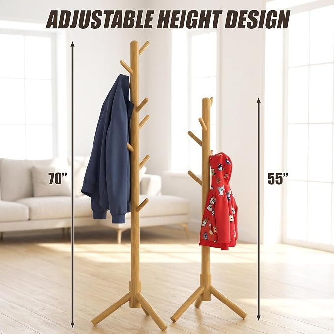 Simple Houseware Wooden Coat Rack Stand, Hall Tree with 9 Hooks, Oak | Adjustable Tree Rack for Entryway, Hallway, Bedroom, Office