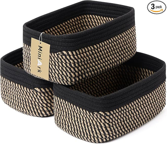 MiniArk Small Storage Baskets for Organizing | Closet Organizer Bins | Shelf Toy Basket | Woven Rope Baskets | Cube Decorative Box | Shallow Basket | 11.5x7.5x4.7” | 3 Packs Black Brown