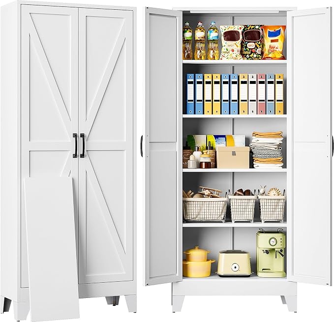 SISESOL Wide & Deep Pantry Storage Cabinet with 2 Doors and 5 Shelves,72" Tall Farmhouse Storage Cabinet,Large Cupboard Closet,White Cabinets for Home,Kitchen,Bathroom,Dining/Living Room
