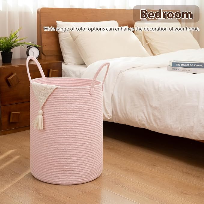 OIAHOMY Large Laundry Basket Hamper - 80L Cotton Rope Woven Basket for Blankets, Toys, Clothes - Tall Decorative Nursery Hamper with Long Handles, Pink
