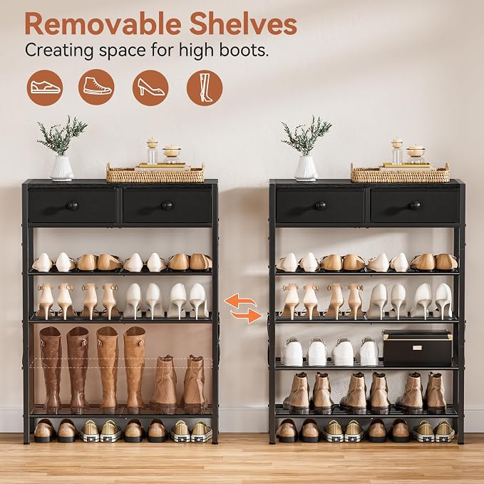 5 Tier Shoe Rack with 2 Drawers, 16-20 Pairs Charcoal | Holds 16-20 pairs. 2 drawers for socks/keys. Removable layer for boots. Anti-tip kit included. Quick assembly.