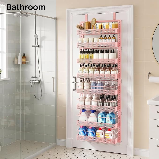 SNTD 8 Tiers Over the Door Organizer - Height Adjustable Pantry Organizers and Storage with Dense Mesh Baskets, Anti-Swing Hanging Door Spice Rack for Kitchen Bathroom (Pink, 17" W x 6" D x 69" H)