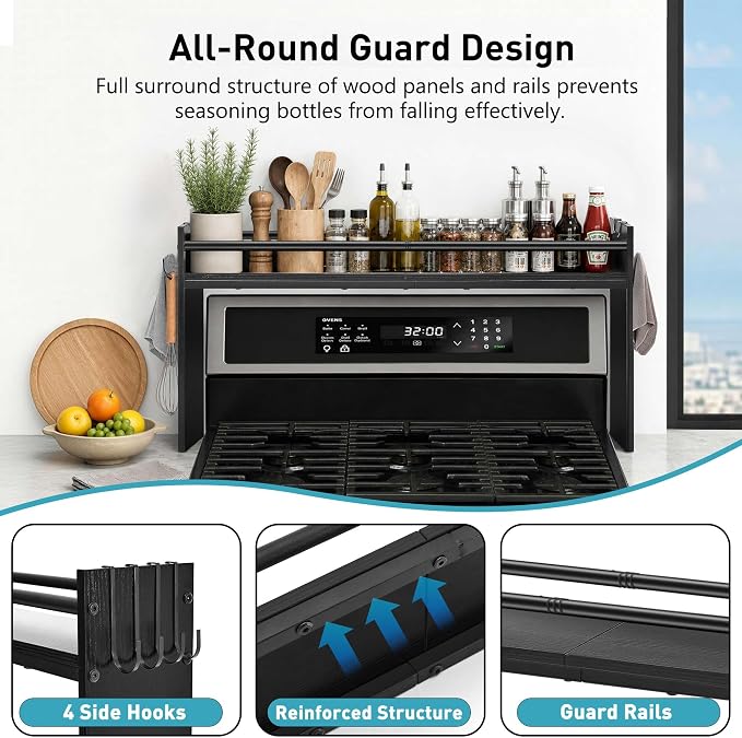 Spice Rack Shelf for Kitchen Stove, Over The Stove Shelf with 4 Hooks, Premium Wood & Metal Commbined Spice Rack Organizer Extra Storage Countertop (Black)