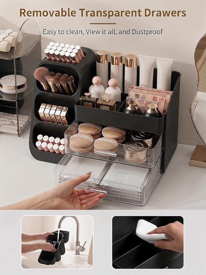 Booklov Large Makeup Organizer for Vanity Countertop, Black | Clear Acrylic Cosmetic Display Case, Beauty Brush Holder for Bathroom Counter, Make Up Skincare Lipsticks Storage