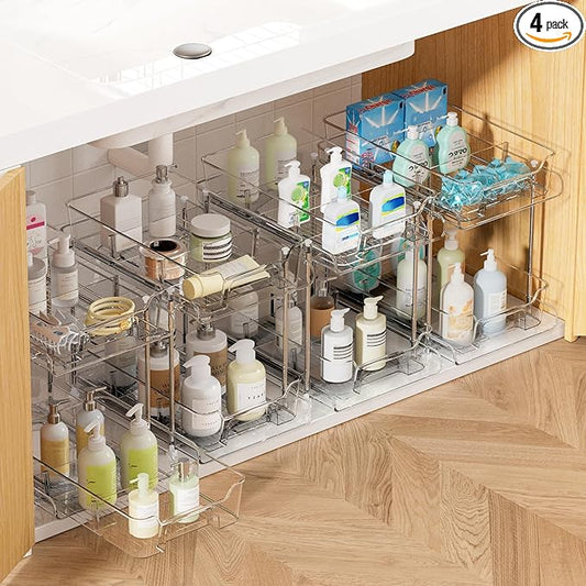 Vtopmart 4 Pack Pull Out Bathroom Under Sink Organizer with Dividers (S-Divided)
