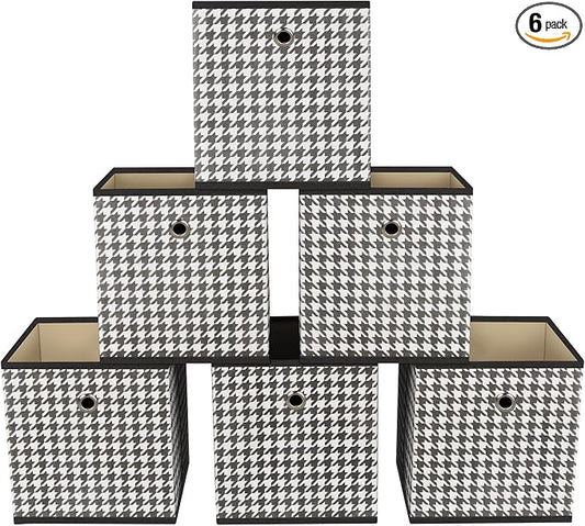 Foldable Storage Cubes Bins ,11 Inch Cloth Storage Cube Fabric Storage Box Cubes Organizer Baskets with Dual Handles for Home Organizer Set of 6 (Houndstooth)