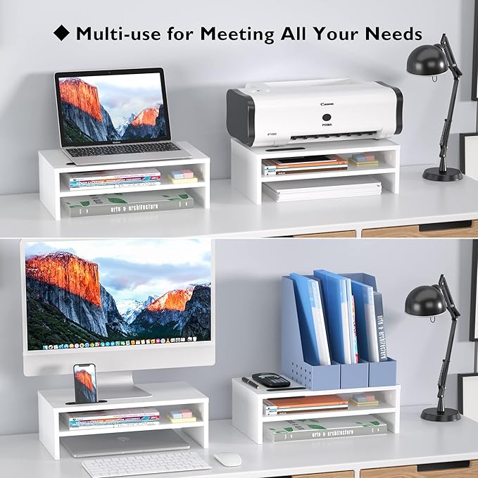 BONTEC Wooden Monitor Stand Riser for Desk, 2-Tier Computer Monitor Stand with Storage, 66 lbs Desk Shelf Organizer, Laptop & Printer Stand with Phone Holder and Cable Management, White, 16.5 Inch