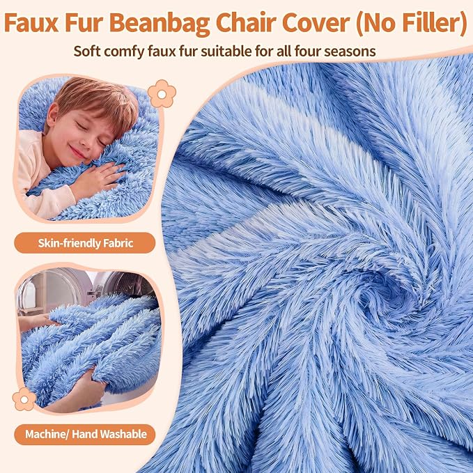 Stuffed Animal Storage Bean Bag Chair Cover, Soft Bean Bag Cover | Fluffy Faux Fur Stuffed Animal Storage Chair, Non-Slip Bottom, Fill with Plush Toys or Blankets, for Kids Teens Adults Girls