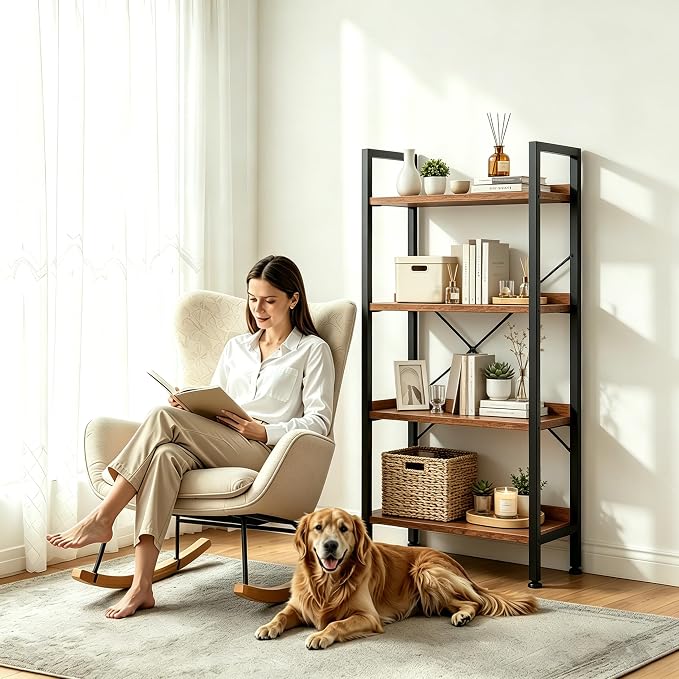 HealSmart 4 Tier Bookshelf, Free Standing Book Shelf Home Office Bookcase Shelf Storage Organizer for Bedroom, Bathroom, Living Room, Office, Balcony, Rust Brown