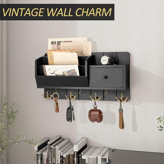 Rebee Vision Key Holder Wall Mount with 7 Key Hooks and Drawer, Black | 3 Mail Sorters, Mini Drawer, Sorts Letters, Stores Small Items, Mail and Key Organizer for Wall, Ideal for New Apartments