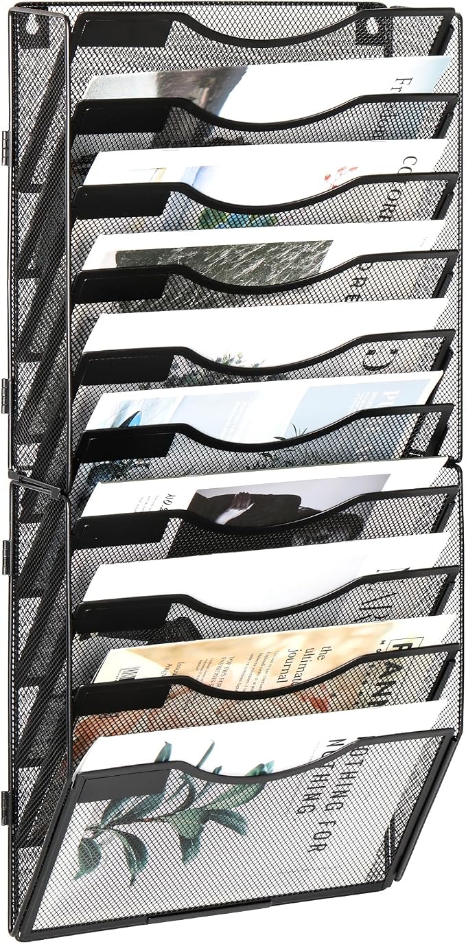 EasyPAG Wall File Organizer for Office 10 Pocket Mesh Wall Mounted Paper Organizer Hanging Folder Holder with Nametag Label for Home School, Black