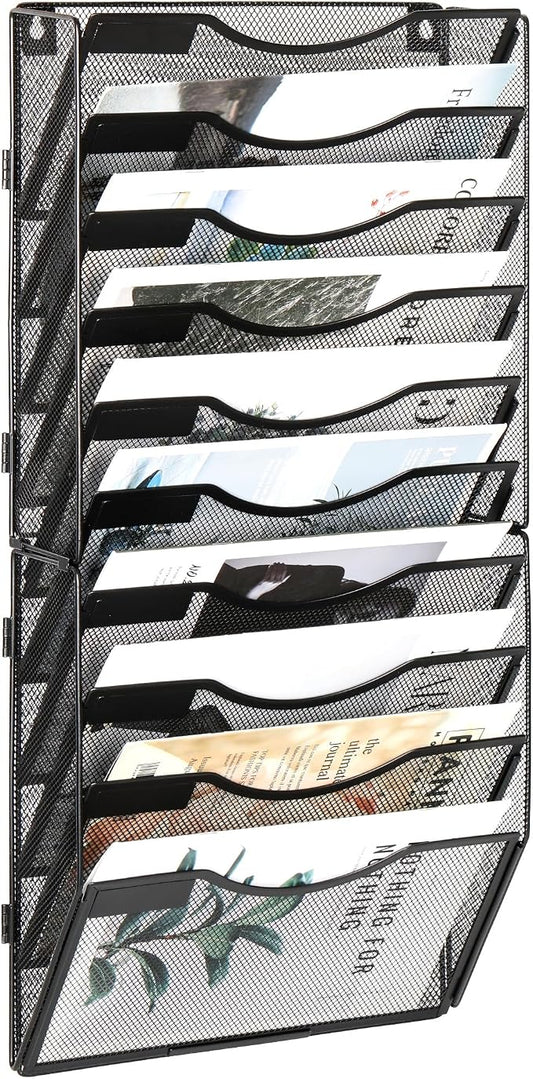 EasyPAG Wall File Organizer for Office 10 Pocket Mesh Wall Mounted Paper Organizer Hanging Folder Holder with Nametag Label for Home School, Black
