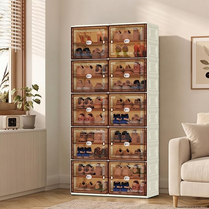 40 Pairs Shoes Storage Cabinet of 3-Step Fast Installation,Plastic Shoe Rack with Clear Magnetic Door for Display，Foldable Shoe Organizer for Entryway, Living Room, Garage (2 Row, 10 Tier)