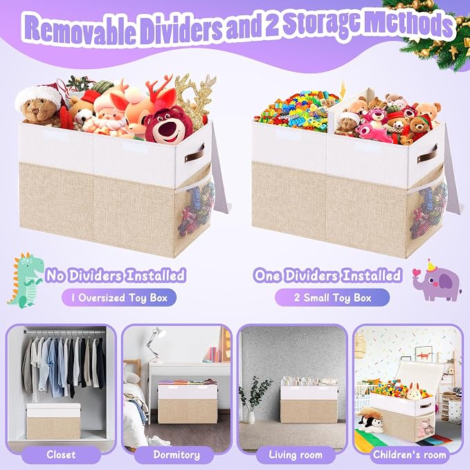 Large Toy Storage Box with Lid & Dividers, Kids Toy Chest, Beige and White | Toy Box for Boys, Girls, Nursery, Bedroom, Living Room, Playroom, 25 x 13 x 16 inches