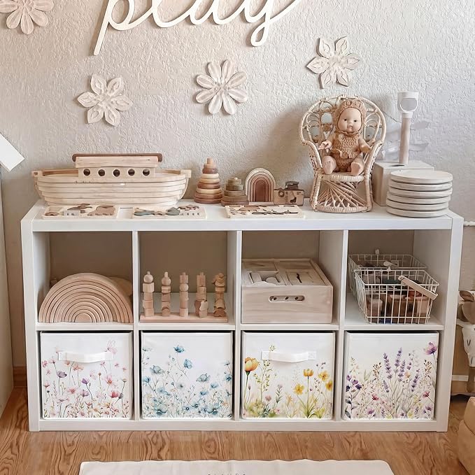 6 Pcs WildFlower Cube Storage Bins 11 Inch White Storage Basket with Handle, Preppy Girls Organizer Basket, Collapsible Fabric Box for Classroom Bedrooms