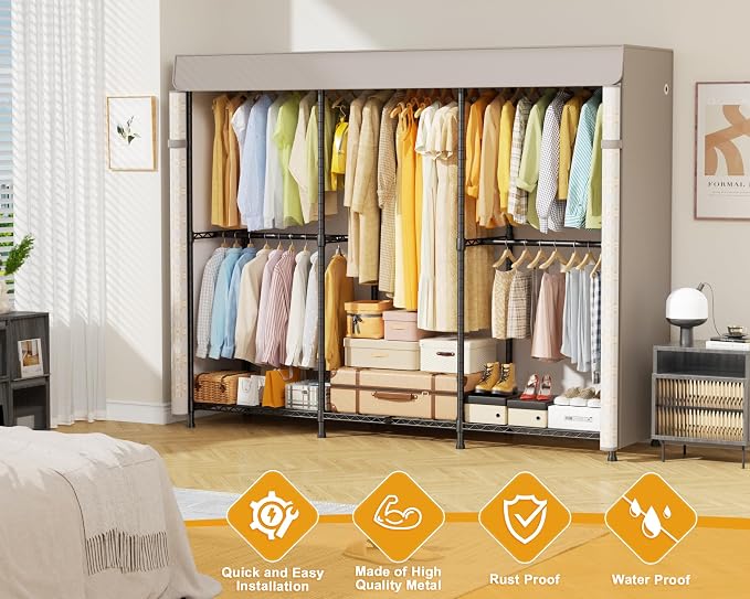 E14C Pro Heavy Duty Closet Organizer System (Brand Custom) | Freestanding Adjustable Garment Racks for Hanging Clothes，69"W × 16"D × 77"H Max 960lbs，Black Rack with Classic Pattern Cover