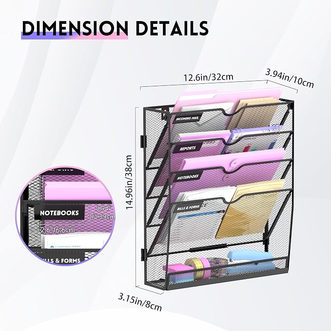 5-Tier Wall File Organizer with Base, Wall Mounted File Holder | Vertical Hanging File Organizer with Open Compartments and Label Holders for Mail, Folders and Paperwork at Home or Work