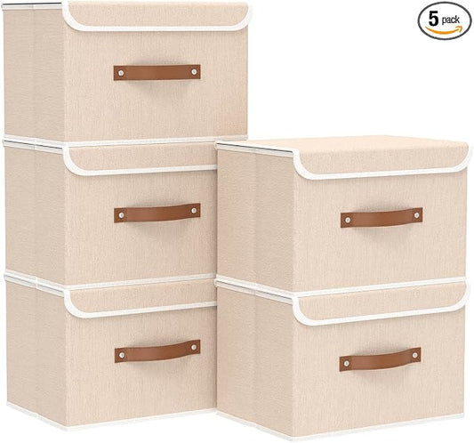 Yawinhe Storage Bins with Lids,Beige,17.7x11.8x11.8in,5-Pack | Fabric Container with Leather Handle,Washable Home Basket, Clothes Blanket Storage Boxes,Collapsible Closet Organizer