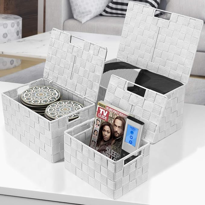 Sorbus Set of 3 Hand-Woven Storage Baskets with Lids – Decorative Wicker Organizers for Home, Closet, or Shelves (White)