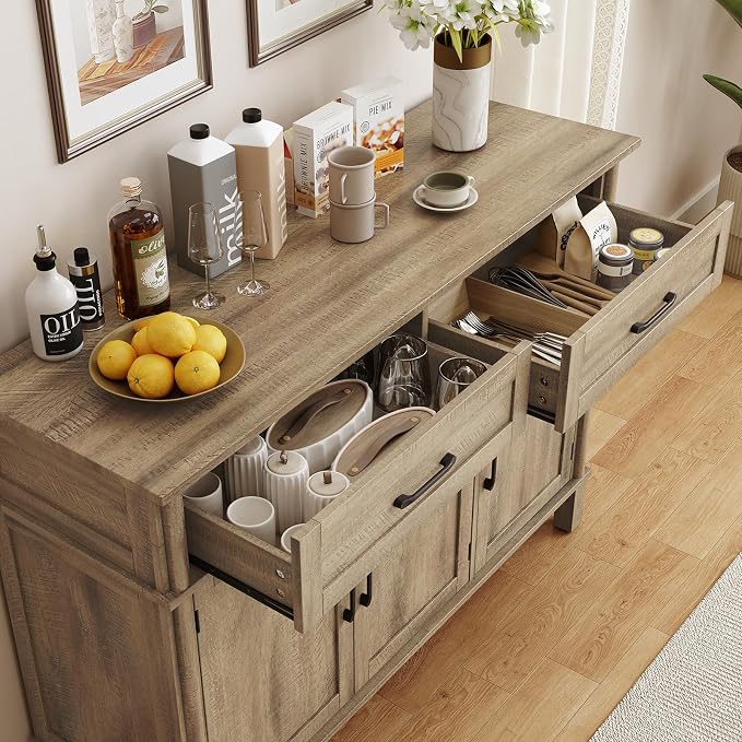 48 Inch Buffet Cabinet with Storage, Farmhouse Sideboard Buffet w/2 Drawers and 3 Doors, Coffee Bar Cabinet with Adjustable Shelves, Sideboard Storage for Kitchen, Living Room, Washed Grey