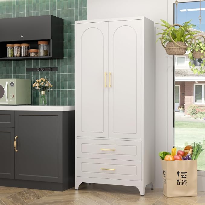 SteeLoong 75" Kitchen Pantry Cabinet, Metal Storage Cabinet with 2 Drawers | White Pantry Cabinets for Kitchen Storage with 2 Adjustable Shelves,Tall Freestanding Cupboard for Living Room,Kitchen,Garage