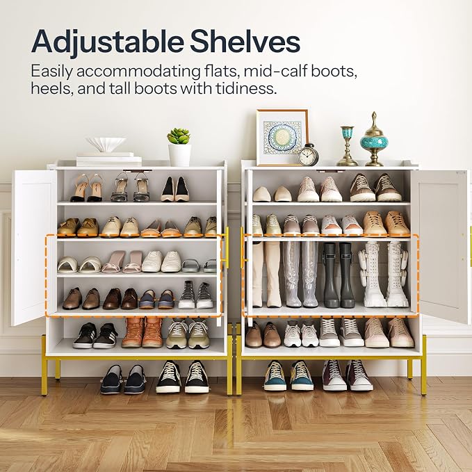 HOOBRO Shoe Cabinet, 5-Tier Shoe Storage Organizer with Doors, Wooden Shoe Cabinet Storage for Entryway, Freestanding Shoe Rack Cabinet with 3 Adjustable Shelves for Hallway, Gold and White DW41SC01