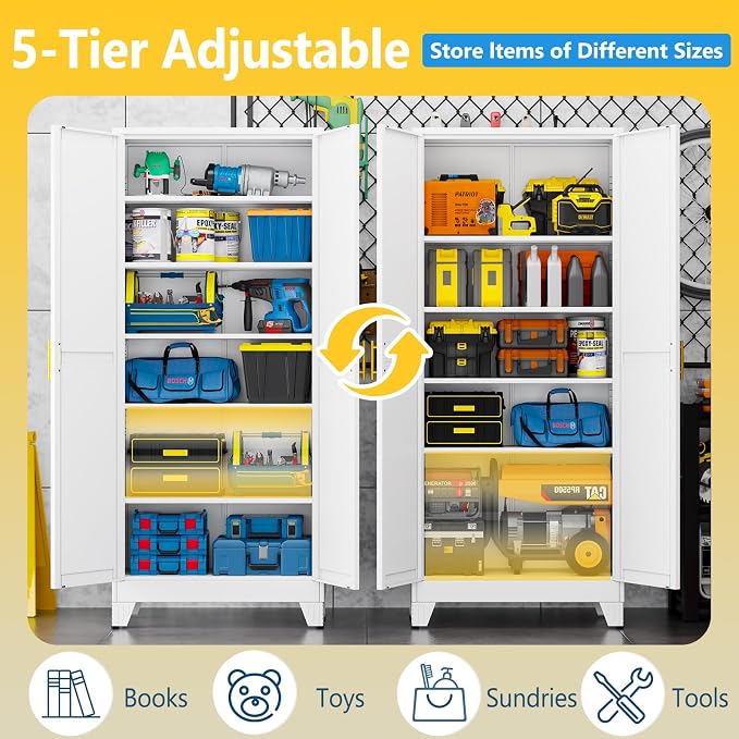 PAOFIN 75" Metal Storage Cabinet with 2 Doors and 5 Adjustable Shelves,White Metal Garage Storage Cabinets, File Cabinet,Steel Tool Cabinets for Home,Office,Garage,School,Warehouse