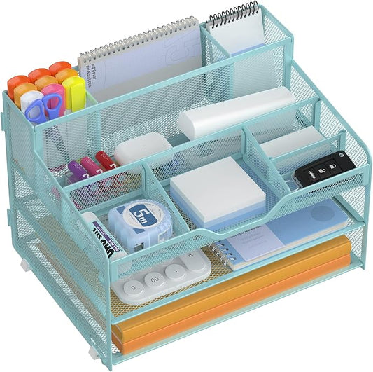 Docnest 3 Tier Mesh Desk Organizer with Letter Tray & Paper Sorter, Blue | Features 3 built-in pen holders & 5 adjustable compartments on top. Includes 4 non-slip rubber feet for desk protection