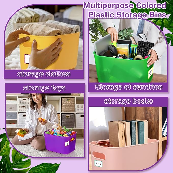 Thyle 12 Pack Richly Colorful Plastic Storage Bins with Lids 7 Quart Toy Storage Box Stackable Nestable Organizer Boxes with Handle and Labels for Classroom Shelf Bedroom Desktop Toys School Supplies