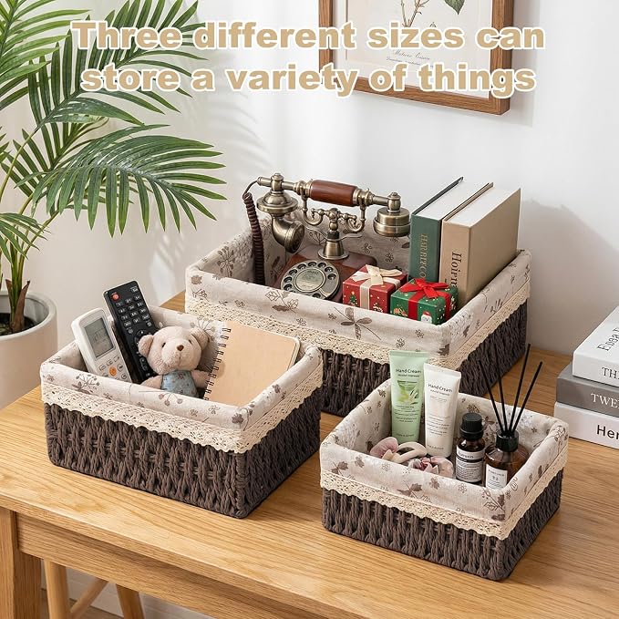 Wicker Storage Baskets Set of 3, Handwoven Paper Rope Organizer Bins with Removable Floral Liner, Small Medium Large for Bathroom, Pantry, Shelf, Countertop, Closet (Brown, L+M+S)