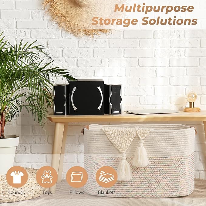 danpinera 108L Large Basket for Living Room, Boho Decorative Basket Organizing with Handles, Cotton Rope Storage for Toys, Pillows, Clothes, 25’’*16’’*16’’ Rainbow