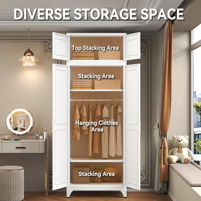 Polup 86" Tall White Metal Armoire Wardrobe Closet with Hanging Rod | Heavy Duty Steel Clothing Storage Cabinet, 4 Doors, 180lbs Adjustable Shelves, Shipped in 2 Packages for Bedroom, Garage