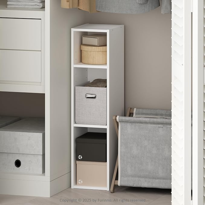 Furinno Reed 3-Tier Closet Organizers and Storage, Closet Organizer, Open Shelf Closet Storage, for Wardrobe, Bedroom, Living Room, 8-Inch Width, White