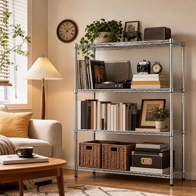 M MZG 4-Shelf Heavy Duty Garage Shelving Wire Adjustable Storage Rack for Kitchen Laundry Bathroom Pantry 1400 lbs Capacity Silver 15.8 x 45.3 x 59.4 Inch