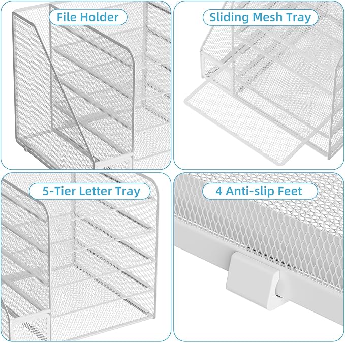 Marbrasse Desk Organizers and Accessories, 5-Tier Paper Letter Tray Organizer with File Holder, Mesh File Organizer, Office Desk Accessories & Organization for Supplies (White)
