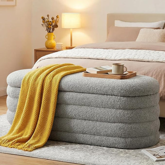 Storage Ottoman Bench, 45'' Upholstered Boucle Ottoman with Storage, Aesthetic Bedroom Bench for Living Room Entryway, Grey