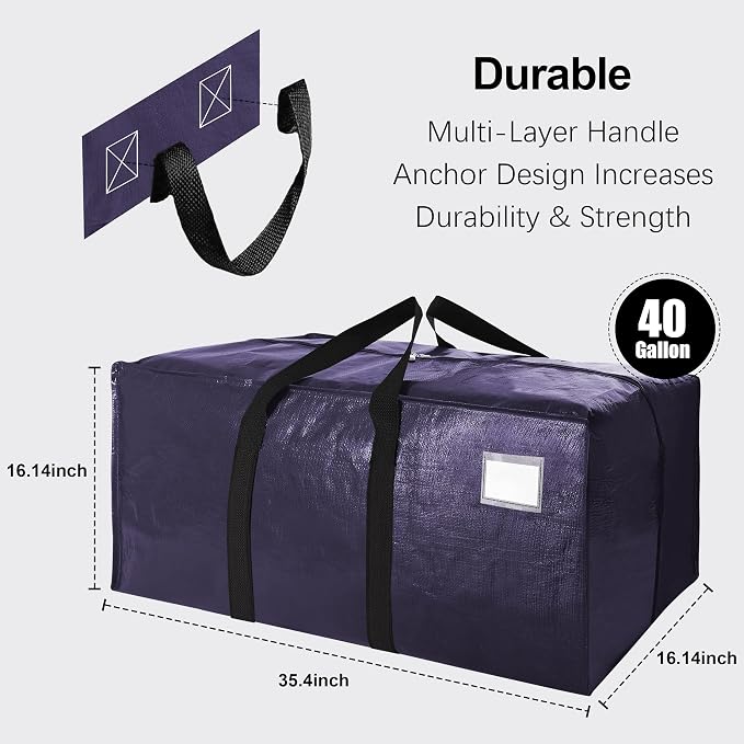 6 Pack Heavy Duty Extra Large Moving Bags W/Backpack Straps - Strong Handles & Zippers, Storage Totes For Space Saving, Fold Flat, Alternative to Box and Bin (40 gal, Semi-Transparent+Blue+Black)