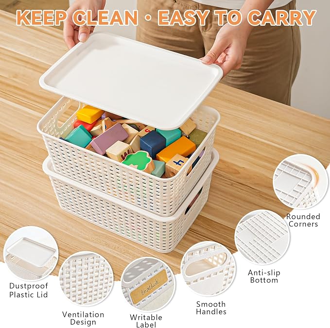 10 Pack Small Plastic Storage Bins with Lids, Stackable Plastic Storage Baskets for Organizing with Handles, Organizer Bins with Labels for Room, Craft, Containers for Pantry Organizers and Storage